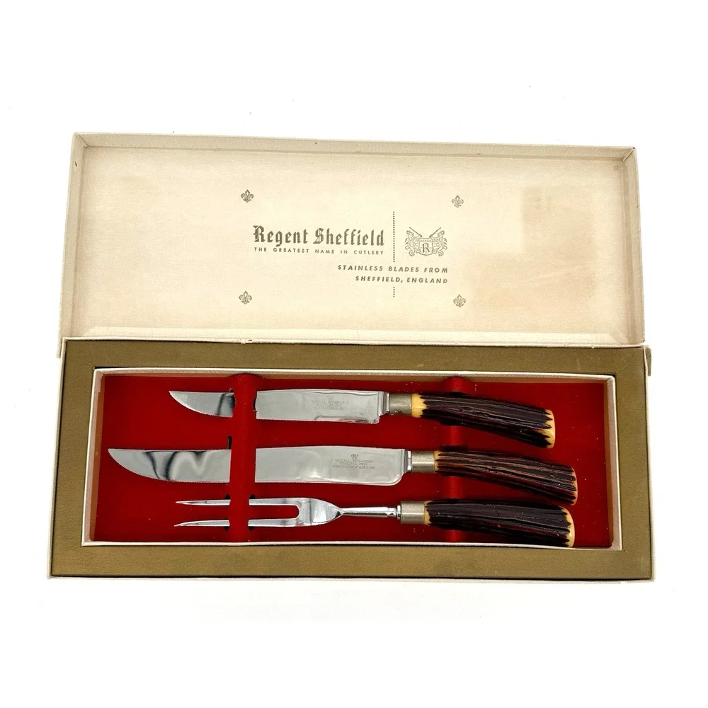 Vtg Regent Sheffield 3 Pc Carving Set Bakelite Handles Stainless Blades England